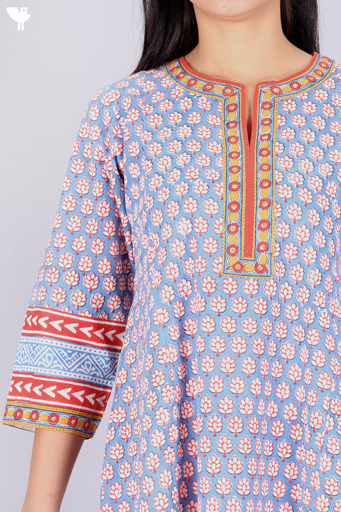 Cambric Cotton Midi Dress In Floral Block Print